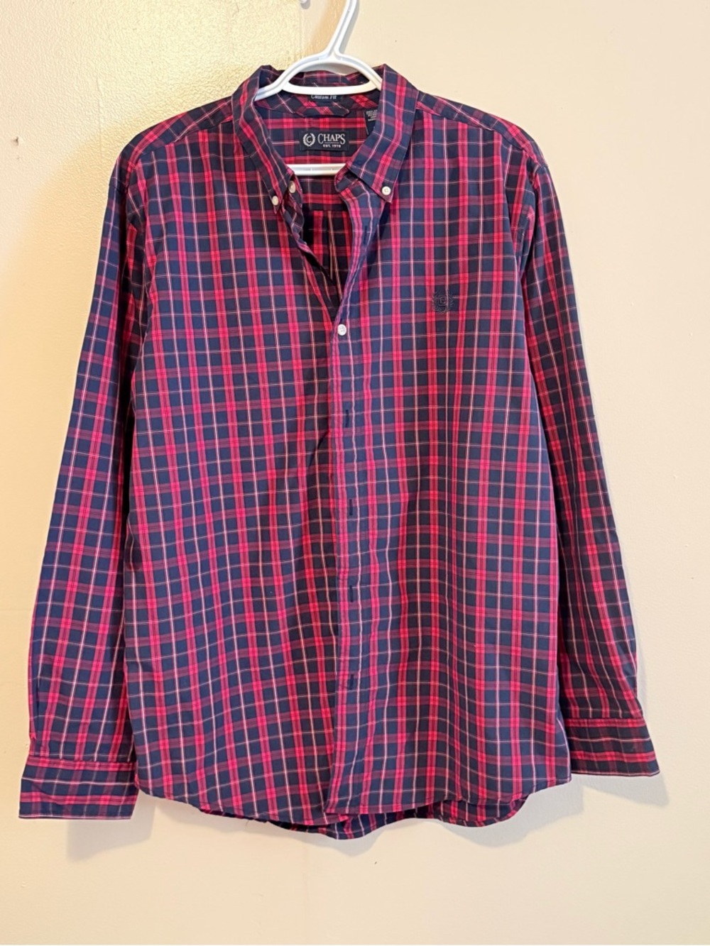 Chaps Men’s Red and Navy Plaid Button-Down Shirt with Button Collar
